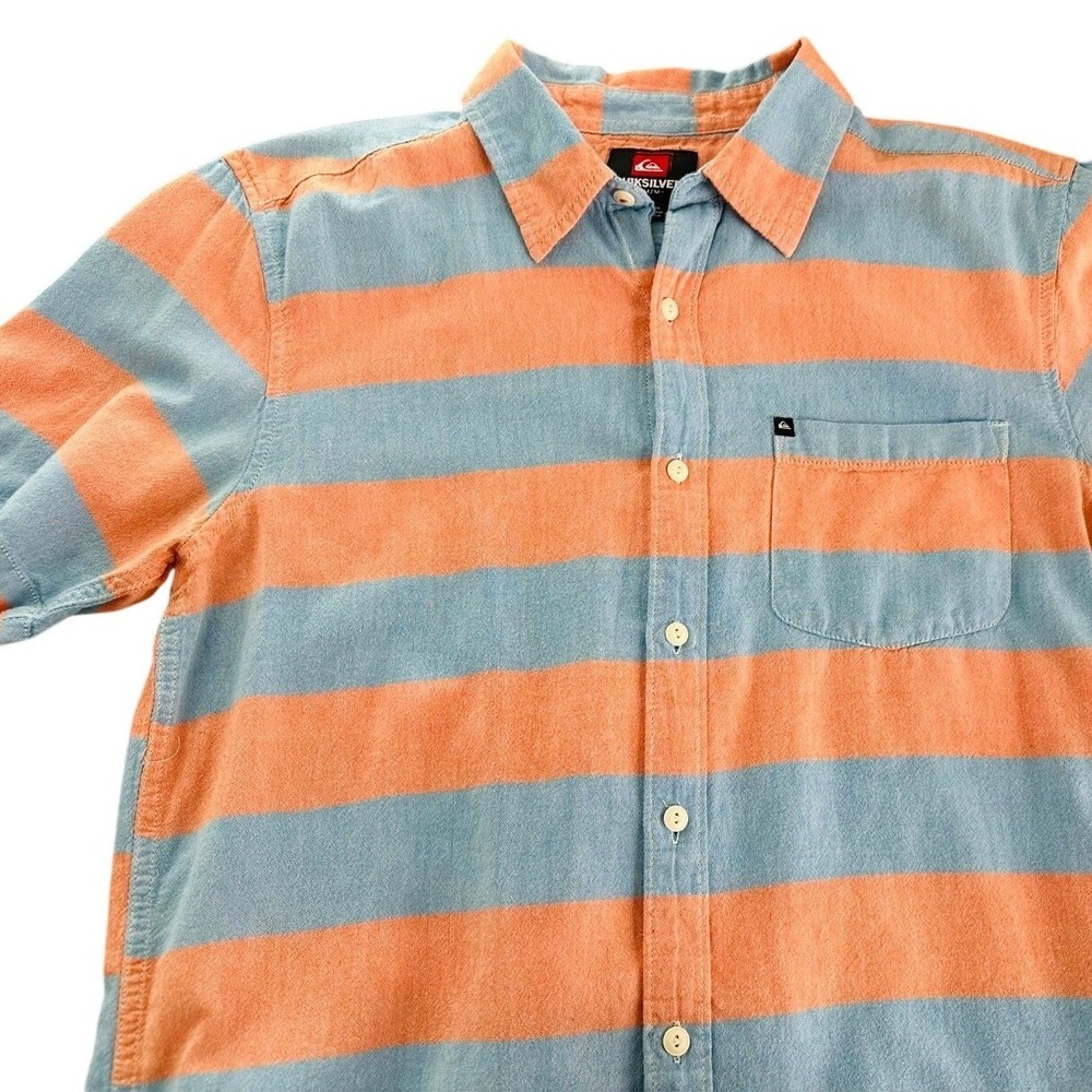 QUIKSILVER Orange & Blue Stripe Cotton Short Sleeve Button Front Shirt Men's M